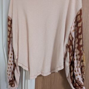 We The Free Cream Top with Brown Patterned Sleeves